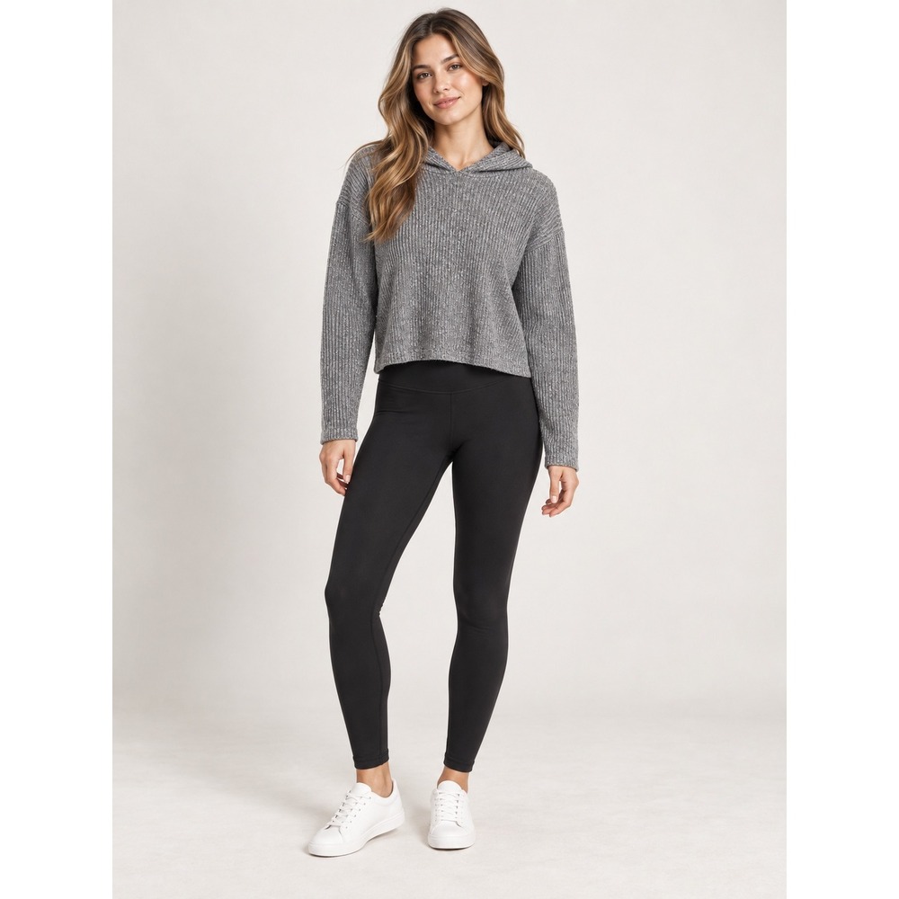 Frankee Skylarr Grey Ribbed Knit Cropped Hoodie Sweater XL Athleisure